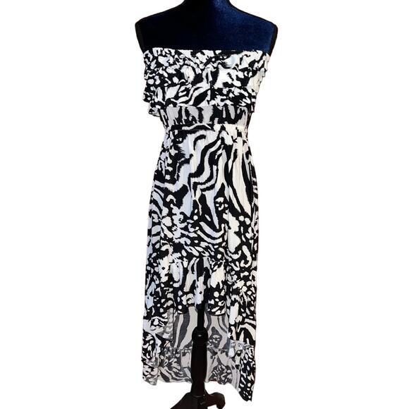 5th and LOVE Silky Black White Strapless Hi Lo Sundress Animal Party Dress M - Picture 1 of 9